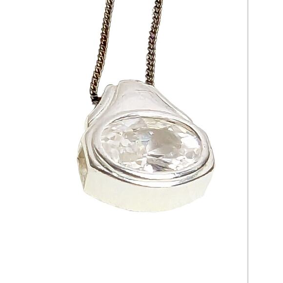 925 Sterling Silver Chain Pendant Necklace with CZ Cubic Zirconia Cabochon Inlay - Picture 6 of 6